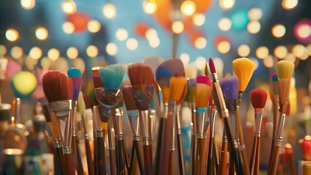 Cartoon animation of paintbrushes dd in fancy scarves and holding wine gles as they mingle with fellow brushes at the exhibits opening night.