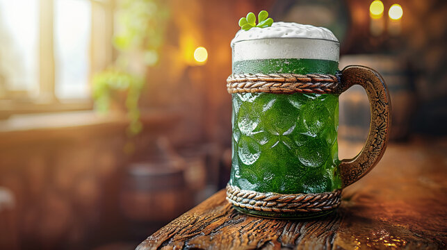 festive image of St. Patrick's Day with a beautiful glass beer mug and a shamrock on a wooden table. place for the text