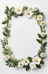 wreath made of chamomile flowers with copy space on white background for greeting card.