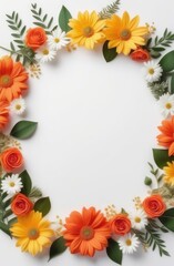 wreath made of colorful vibrant flowers with copy space on white background for greeting card.