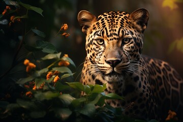 Leopard portrait. Dramatic cinematic lighting, photorealistic images.