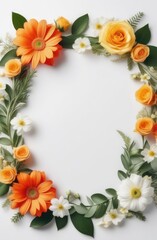 wreath of colorful vibrant flowers, herbs with copy space on white background for greeting card