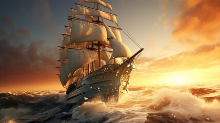 Sailing ship in sunset with rainstorm and atmospheric fog for dramatic maritime photography - obrazy, fototapety, plakaty