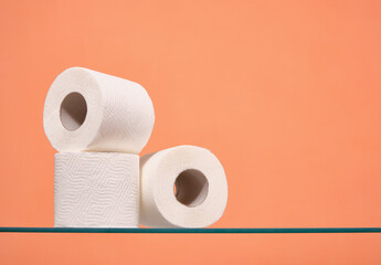 Three rolls of white soft toilet paper. Natural cleaning products. Copy space for text.