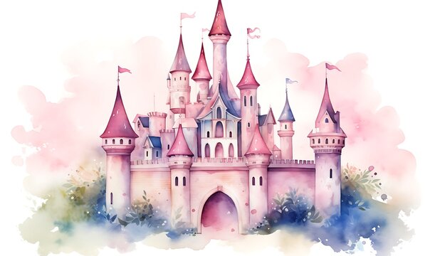 watercolor of castle, use pastel colors, clipart, white cream background. Generative Ai



