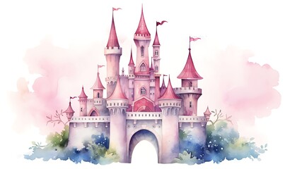 watercolor of castle, use pastel colors, clipart, white cream background. Generative Ai


