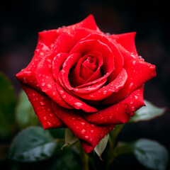 A single red rose, centered and highlighted against a dark background, with water droplets adorning its petals, suggesting freshness and vitality. Romantic background. Valentine's Day