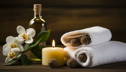 Soothing spa treatment with candles, ample copy space, promoting relaxation and self care concept