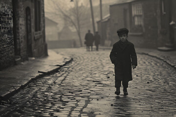 black and white photo of a boy standing on a cobble stone street