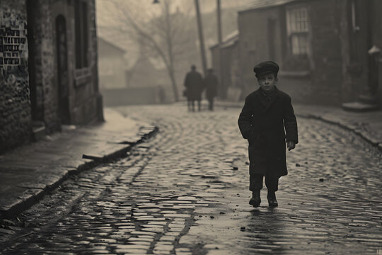 Fototapeta black and white photo of a boy standing on a cobble stone street