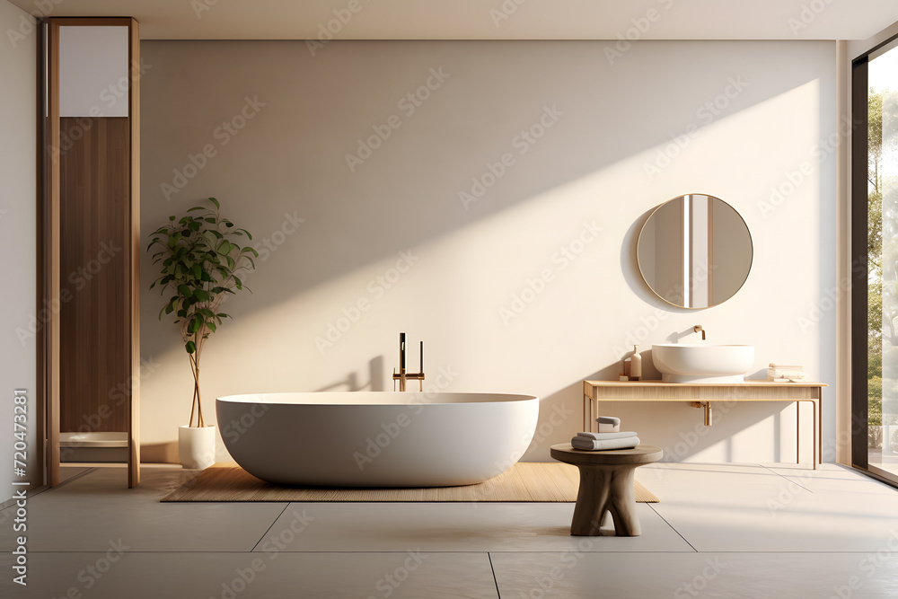 Wall mural a minimalist bathroom with a freestanding bathtub