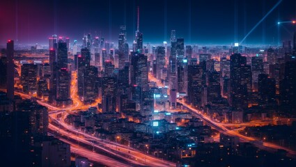 Urban Night Glow City Lights, Skyscrapers, and Evening Traffic
