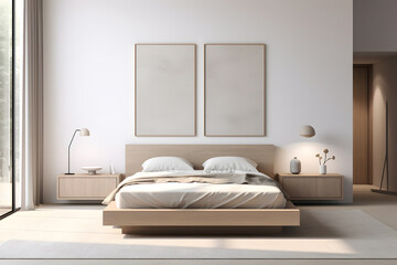 A minimalist bedroom with a platform bed minimalistic wall