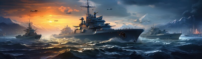 A colossal naval confrontation unfolds on the vast expanse of the open sea.