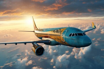 Fototapeta na wymiar Airplane flies over a breathtaking tropical sea at sunset. Travel concept.