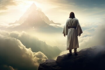 Jesus Christ on the mountain, Back view of Jesus Christ standing on the mountain in heaven. Concept of spiritual faith in God in Christianity and Catholicism, Ai generated - obrazy, fototapety, plakaty
