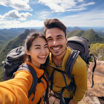 portrait of happy hiker couple taking selfie photo on top of mountain, Two Asian travelers with backpack smiling at camera together, Influential travel blogger streaming using smart mobile phone