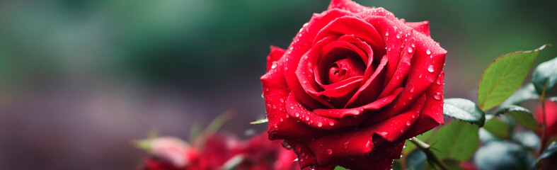 Close-up of a bright red rose with dewdrops on a green background with soft focus, showing the intricate details of the petals and the freshness of the flower. Romantic background. Valentine's Day.