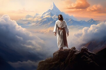 Jesus Christ on the mountain, Back view of Jesus Christ standing on the mountain in heaven. Concept...