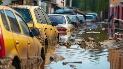 Natural Disaster Aftermath, Flooded Cars in Urban Streets