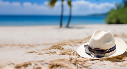 Hat lies on the sand on the beach in the shade of a palm tree Vacation and recreation
