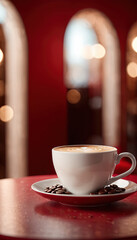Steaming White Espresso Cup on a saucer containing raw coffee beans