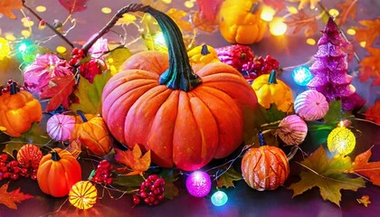 Background with pumpkins and flowers theme Thanksgiving and Halloween