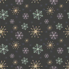 Вeautiful seamless pattern of  colored snowflakes on a dark background. New Year's festive theme. Vector design for winter decor, print, wallpaper, packaging, web design, textiles, covers, invitations