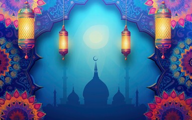 eid mubarak colorful greeting background, blue paper and colorful mandala with ramadam lantarn 