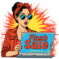 Asian university student holding a laptop with a "flash sale" screen isolated on white background, pop-art, png
