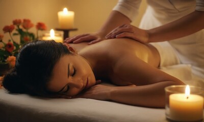 Beautiful young woman lying on massage bed in spa salon, relaxing atmosphere, flowers, candles, essential oils