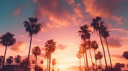 Fototapeta na wymiar Palm trees silhouettes at sunset panorama, background, wallpaper, calm and relaxing, mental health, emotional balance