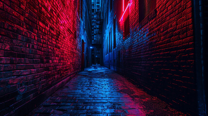 In the downtown area, an alley with dark brick walls stands under the glow of red and blue neon The...