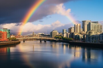 Fototapeta na wymiar Rainbow Arching Over Urban River