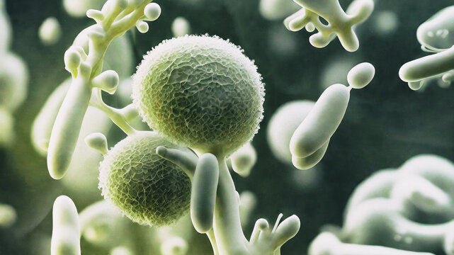 Bacteria, fungi, mold, and yeast on a dark background - candida yeast, of yeast fungi, yeast mushrooms, bifidobacterium image. 3d images of candida yeast, scientific nanotechnology, medical concept