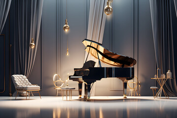 A music space with an Art Deco style stage a baby grand piano