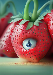 strawberries with eyes, in the style of distorted and exaggerated human figures, Ai generated - 720478801
