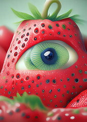 strawberries with eyes, in the style of distorted and exaggerated human figures, Ai generated - 720478817