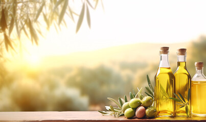 Virgin olive oil with picked green olives arranged on the table. Morning sunny rural landscape with olive trees in the background. - obrazy, fototapety, plakaty