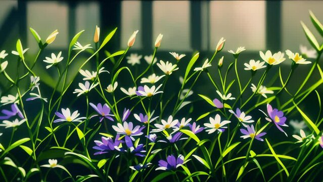 Violet Blooms: A Looping Animation of a Purple Flower Patch in Vivid Colors. Small Garden.