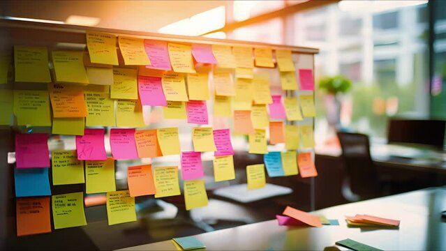 Closeup of a calendar covered in sticky notes with highlighted meetings, deadlines, and tasks, symbolizing the overwhelming feeling of being constantly busy and overworked in the workplace.