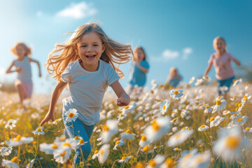 Laughing children running through a blooming meadow on a warm and sunny day