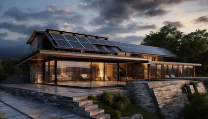 Obraz premium Casa lussuosa in pietra con impianto fotovoltaico