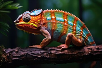 Fototapeta premium Colorful chameleon on a branch in the forest, Close up of bright chameleon on the branch on dark background, Ai generated