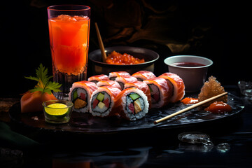 Fototapeta na wymiar A plate of fine sushi and a glass of cool juice