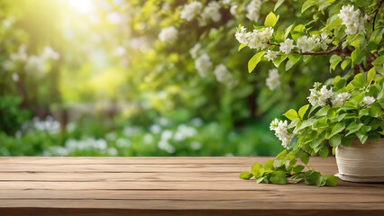 Fototapeta na wymiar Spring beautiful background with green lush young foliage with an empty wooden table on nature outdoors in sunlight in garden. blur Green background, Product presentation and showcasing Generative AI