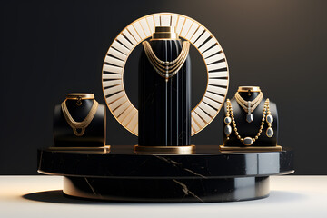 A product display pedestal with black marble and gold accent