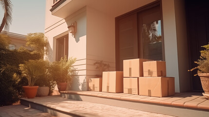 Parcels are standing near the front door. Cardboard boxes stand near the entrance. Modern house