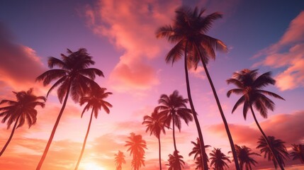 Palm trees silhouettes at sunset panorama, background, wallpaper, calm and relaxing, mental health, emotional balance