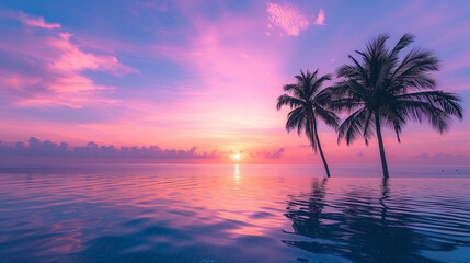 Fototapeta na wymiar Infinity pool with sea view and violet sky